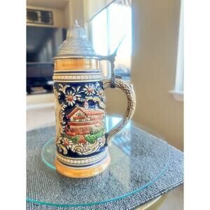 Vintage German Beer Stein with Pewter Lid –Hand-Painted Relief – Made in Germany